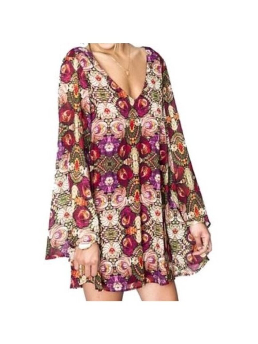 Show Me Your Mumu Medium Gabby MIni Dress Floral V-Neck Long Sleeve
